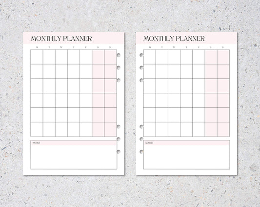 12 x pages Undated Monthly A5 6-Ring Planner insert, Refillable Organizer