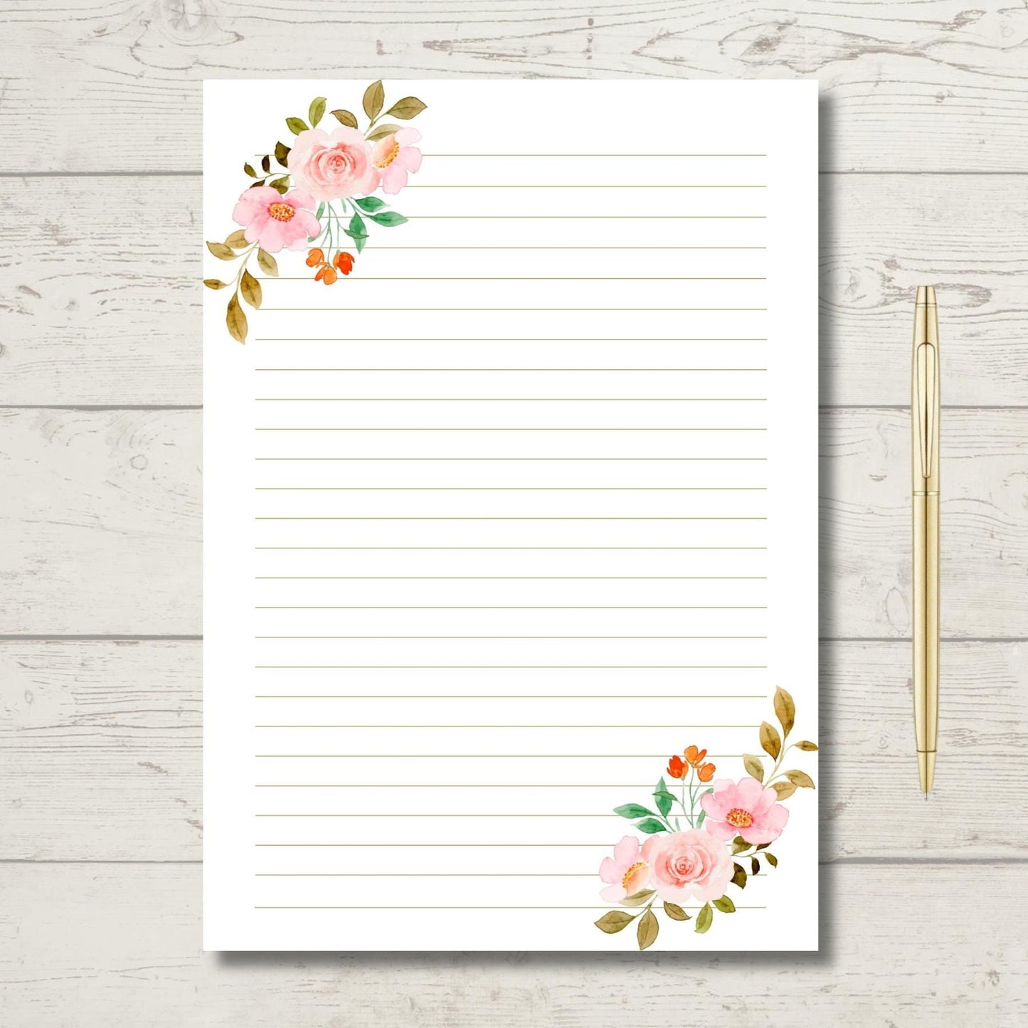 Letter Writing Paper Sheets, Rose Bordered & Envelope, Lined or Unlined, Stationery Gift or Thoughtful Letter Set Present, A5 Size, Gold pen