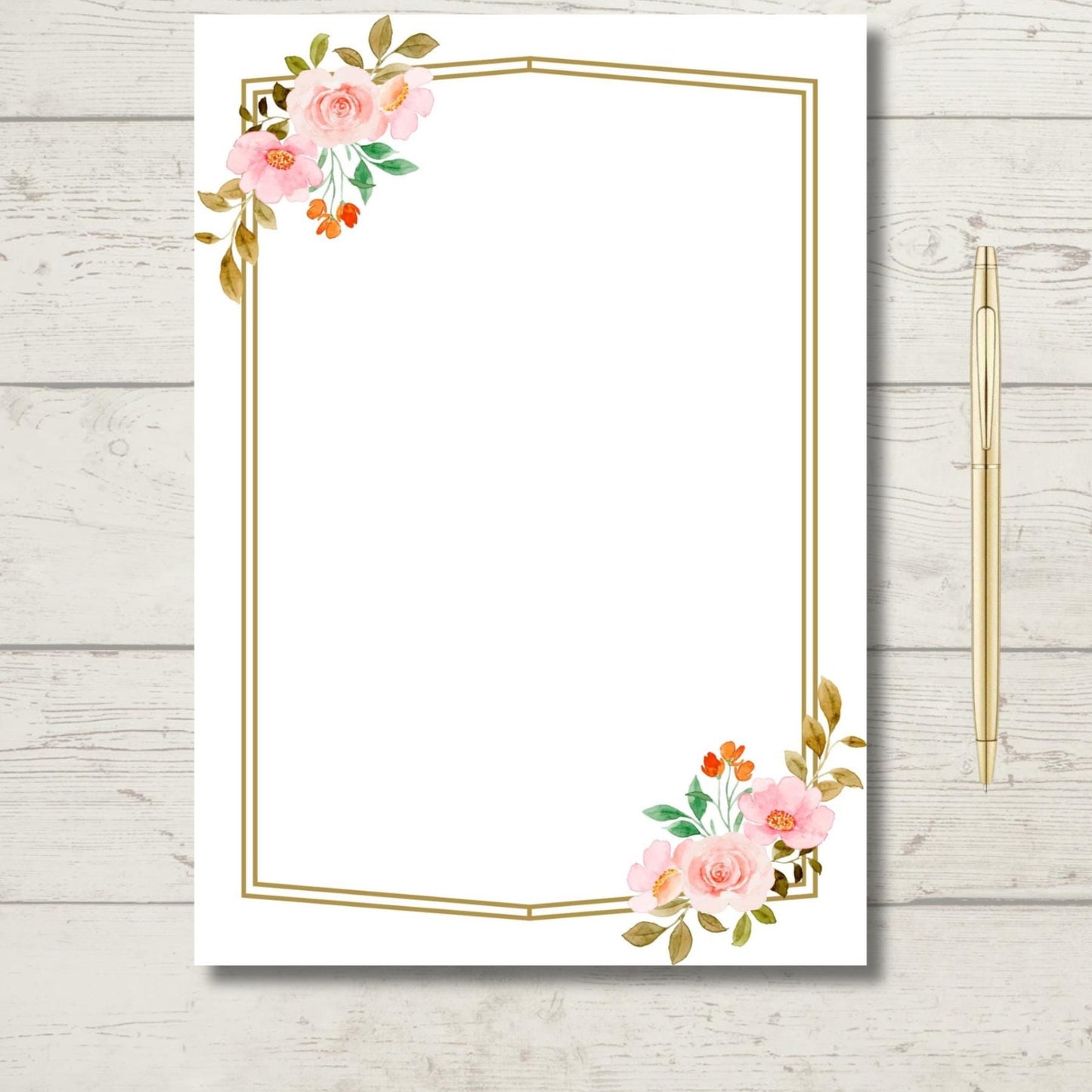 Letter Writing Paper Sheets, Rose Bordered & Envelope, Lined or Unlined, Stationery Gift or Thoughtful Letter Set Present, A5 Size, Gold pen