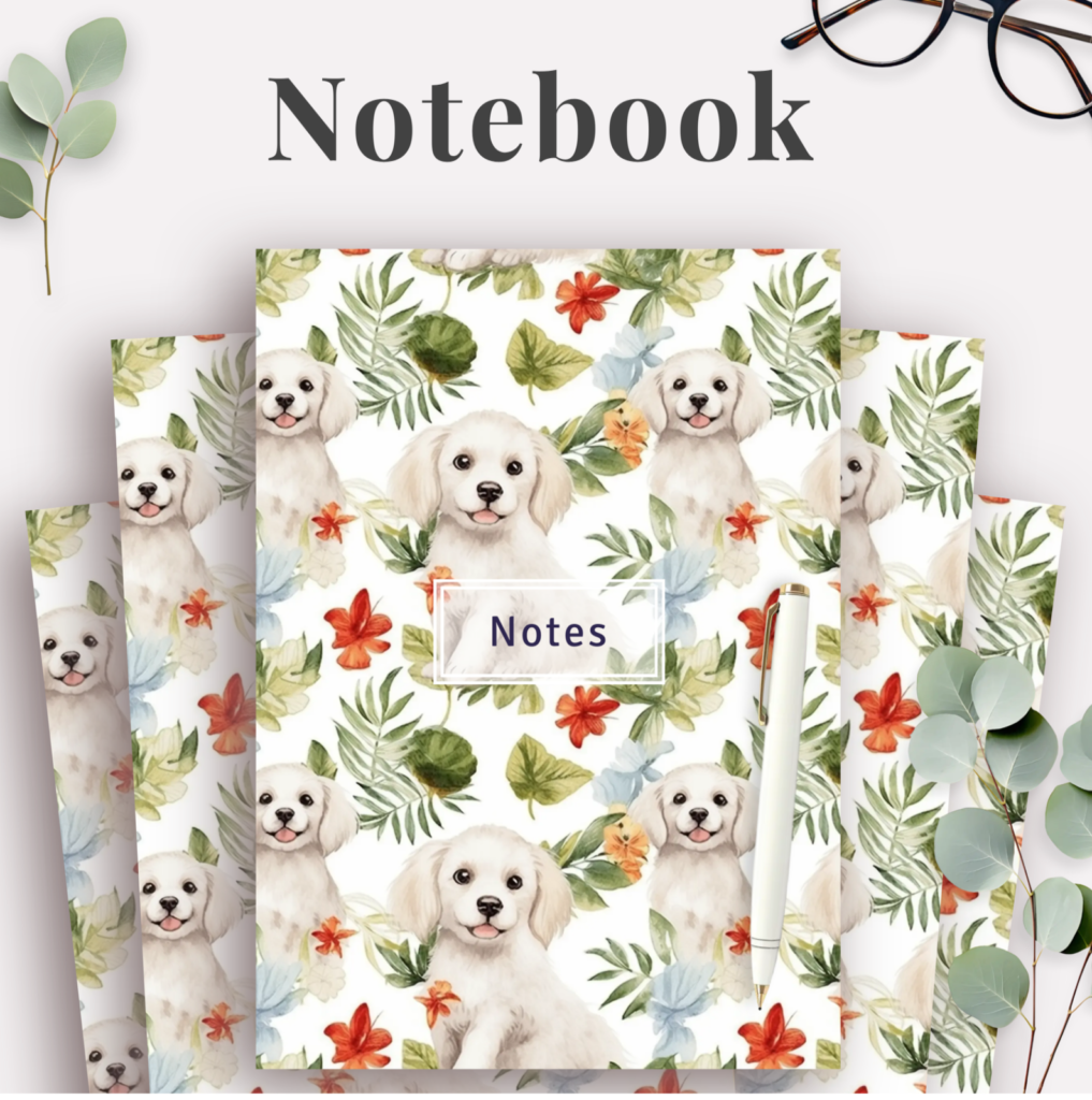 A5 DOG themed notebook, staple bound, lined/unlined 100 pages (50 sheets)