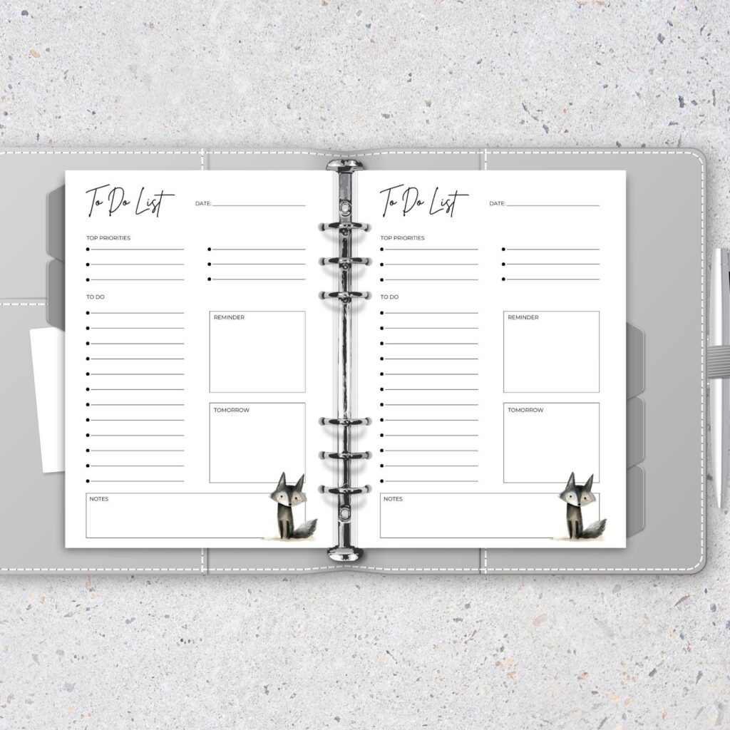 A5 6-Ring Planner Inserts featuring 10 pages of charming To-Do Sheets with a delightful grey fox illustration at the bottom right corner