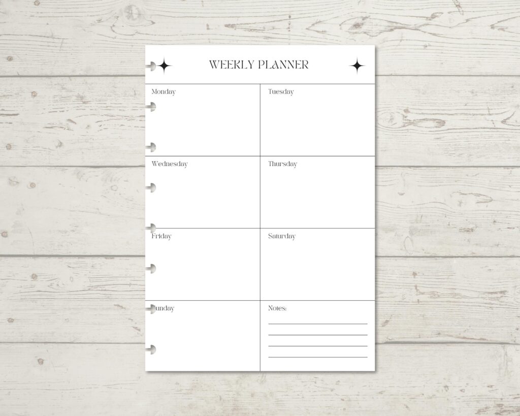 A5 Weekly Planner. Weekly Schedule, 52 pages of Undated discbound planner inserts